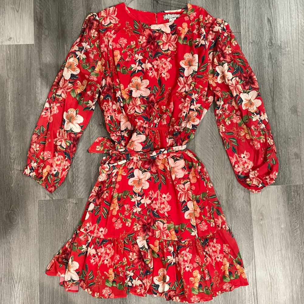 Plus Red Floral Balloon Sleeve Midi Dress